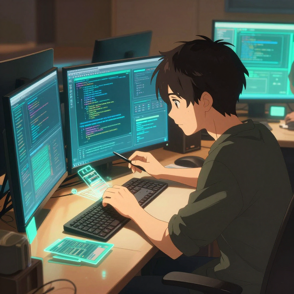 Anime-style illustration: A developer fixing small UI bugs on floating holographic screens in a warm amber and teal studio