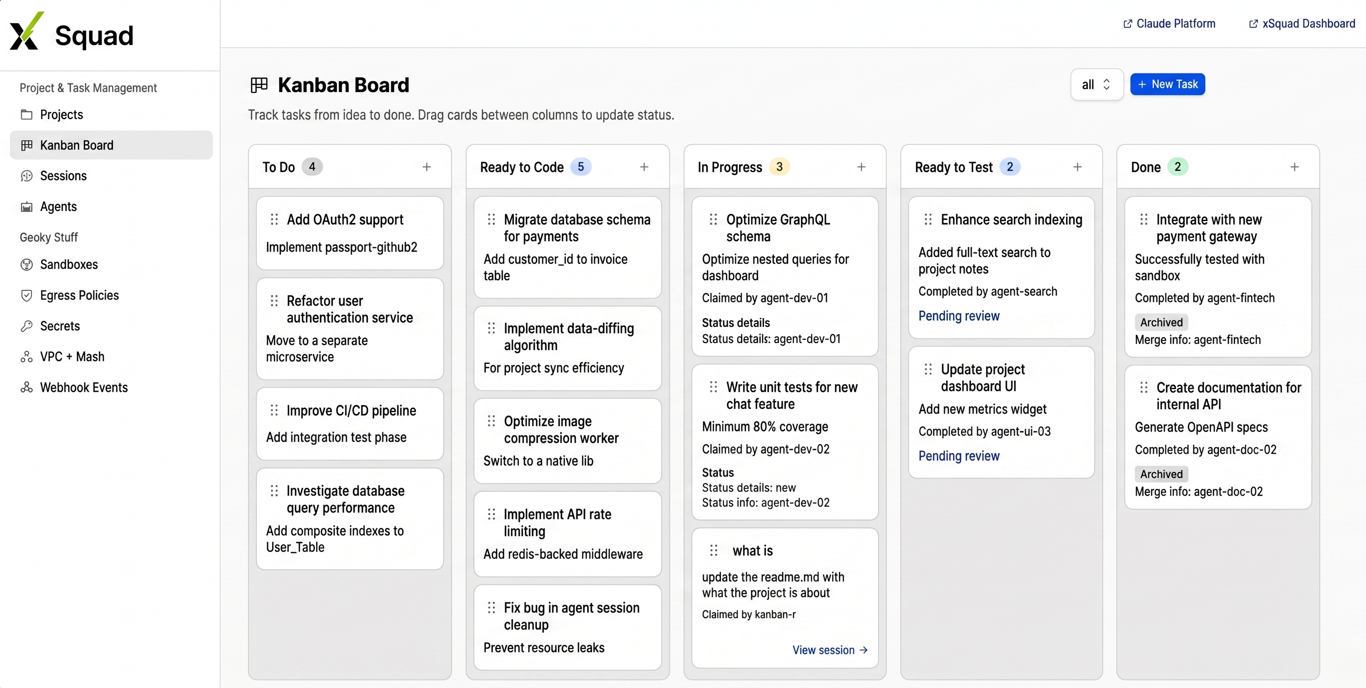 xSquad kanban board showing parallel Claude Code agents